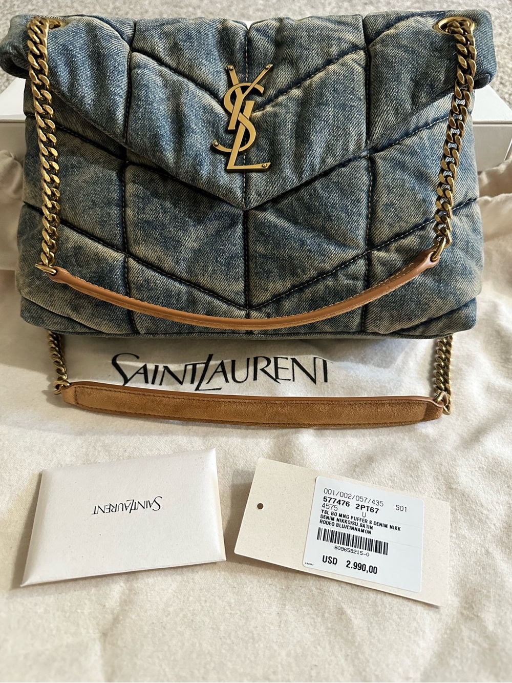 Saint Laurent Quilted Denim Puffer Shoulder/Crossbody Bag; Small; EUC